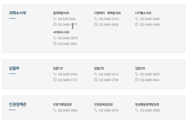 검찰 부서별 연락처 / 이미지=대검찰청 홈페이지 갈무리