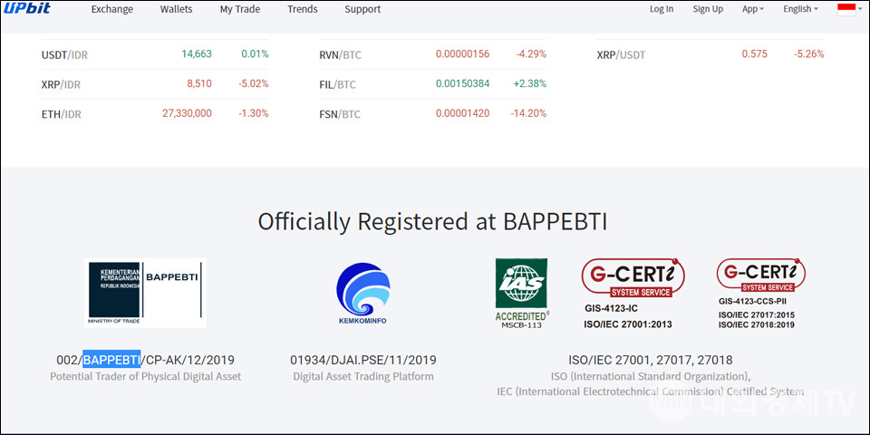 Officially Registered at BAPPEBTI, 상품선물거래규제국의 허가를 받은 업비트 인도네시아 / 이미지=업비트 인도네시아 홈페이지 갈무리