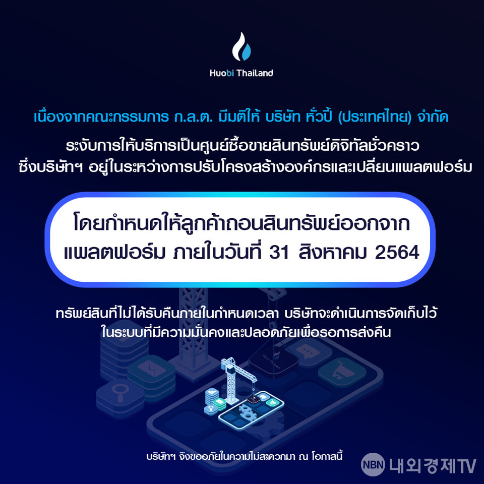 후오비 태국의 영업 중단 안내 / 자료=후오비 태국