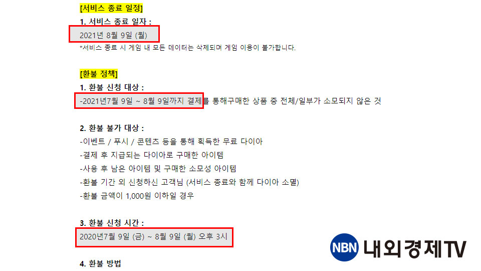 8월 9일 서비스를 종료하면서 종료일 이전 한 달까지 환불하겠다는 '왕도 32인의 여인' / 이미지=왕도 32인의 여인 공식 카페 갈무리