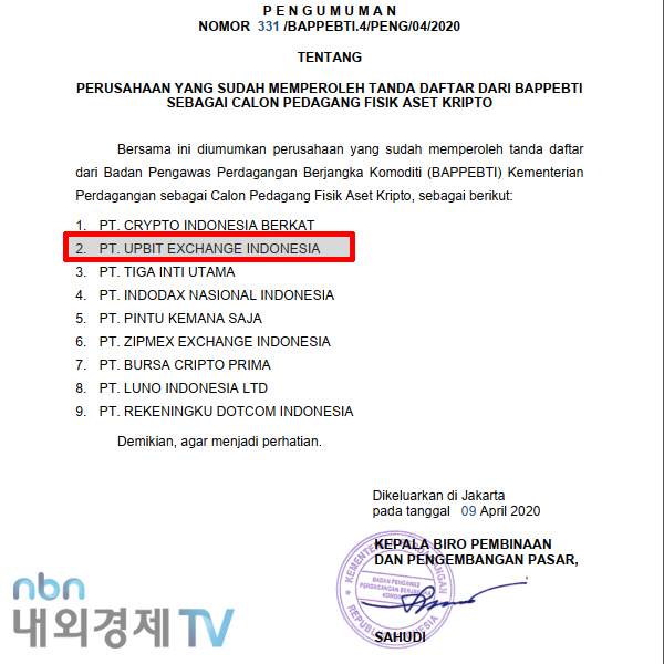 인도네시아 상품선물거래규제국의 심사를 통과한 업비트 인도네시아 / 자료=상품선물거래규제국