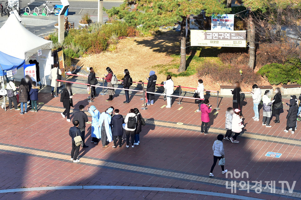 코로나19 신규 확진자 수가 7175명으로 역대 최다를 기록한 8일 오전 서울 구로구 구로역 광장 임시 선별검사소에 검사를 받기 위한 시민들이 대기하고 있다.