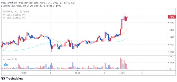 빗썸 원화마켓에서 거래중인 에이다(ADA) / 자료=빗썸