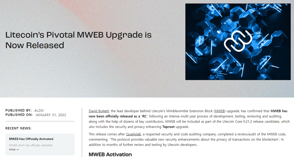 라이트코인 재단은 공식 뉴스룸에 밈블웜블 업그레이드 소식을 알렸다. / 자료=라이트코인 재단