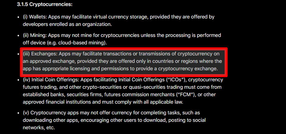 25일 개정된 애플의 앱스토어 가이드라인에 '암호화폐' 항목 / 자료=애플