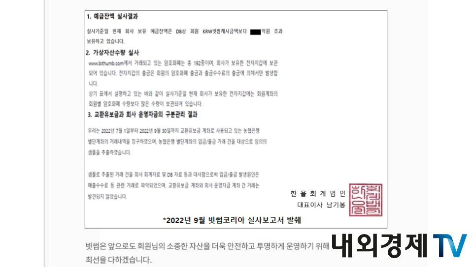 빗썸코리아의 실사보고서 일부 / 자료=빗썸