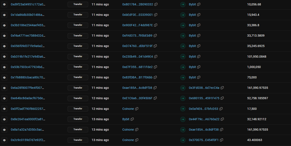 이더스캔에서 확인할 수 있는 바이비트→코인원 전송 내역 모음 / 자료=이더스캔