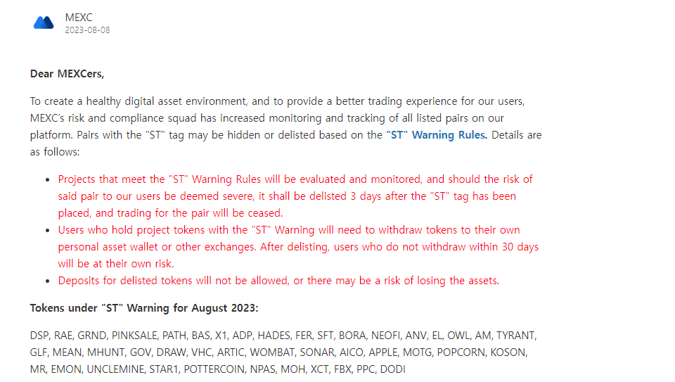 지난 8일 공개된 MEXC의 상장 폐지 리스트 / 이미지=MEXC 갈무리
