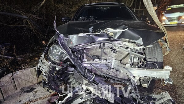 어젯밤(18일) 11시 40분쯤 충북 청주시 서원구 현도면 경부고속도로 서울 방향 남이분기점 인근을 달리던 벤츠 승용차가 갓길 가드레일을 정면으로 충돌하는  사고가 발생했다. 이 사고로 승용차 운전자 40대 여성 운전자 A씨와 동승자 50대 B씨가 가벼운 부상을 입어 병원으로 옮겨져 치료를 받고 있다. 차량은 폐차 수준의 심각한 파손을 입었다. 경찰은 음주운전은 아니었고 운전자를 상대로 사고 경위를 조사 중이다.(사진=송영훈 기자).
