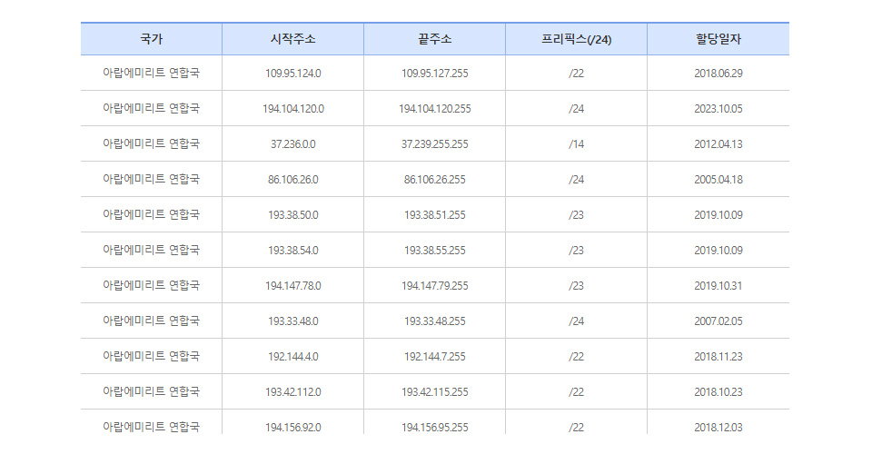 아랍에미리트 IP 대역 일부 / 자료=한국인터넷진흥원, 한국인터넷정보센터