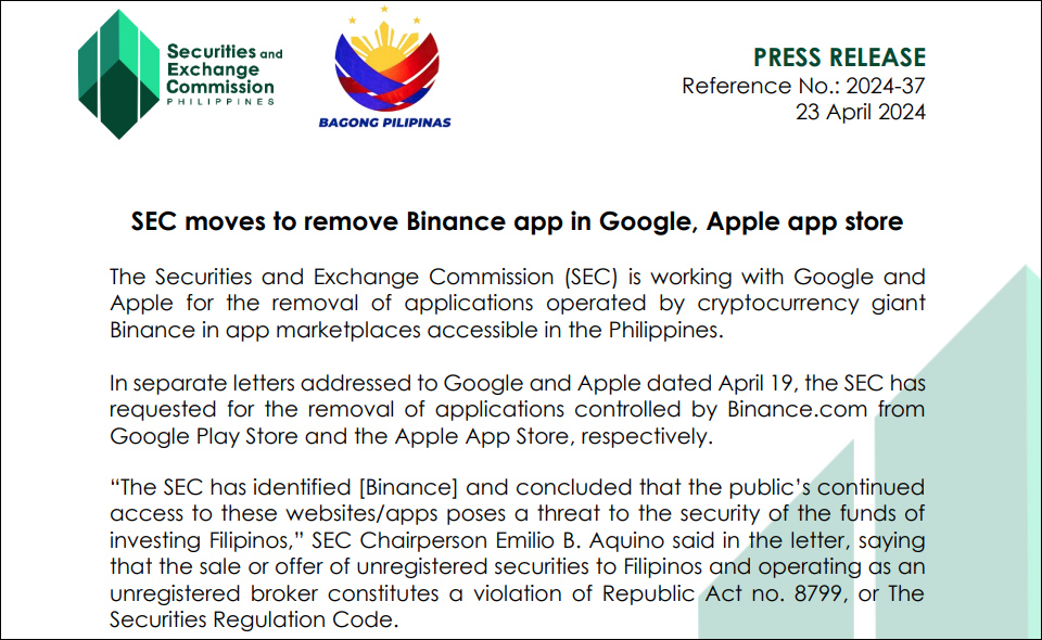 필리핀 증권거래위원회가 바이낸스 앱을 삭제하겠다고 공언했다. / 자료=필리핀 증권거래위원회