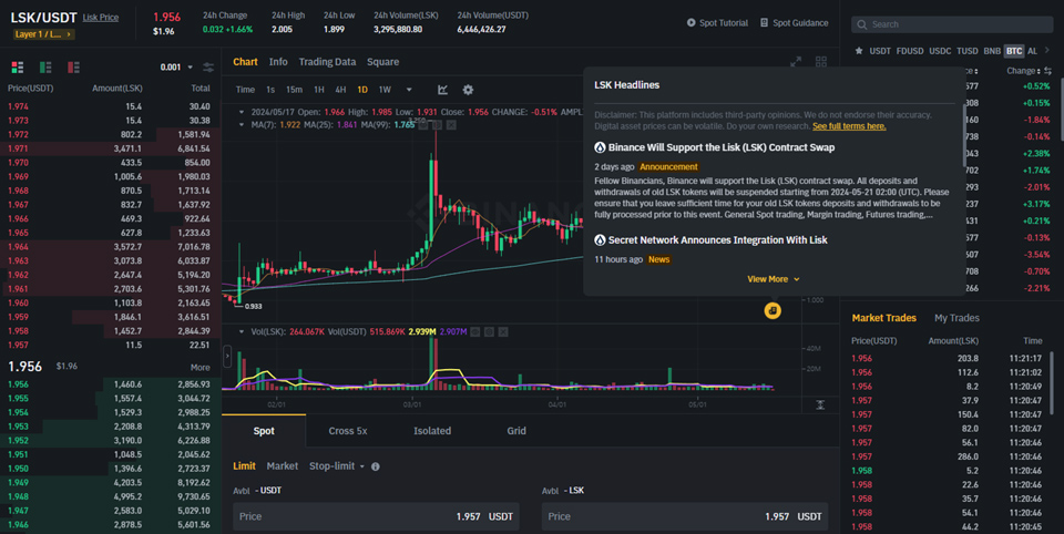 바이낸스는 리스크(LSK)에서 LISK L2 거래 지원을 확정했다. / 자료=바이낸스