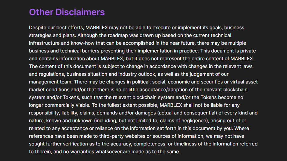 마브렉스 백서 면책 조항 / 자료=마브렉스