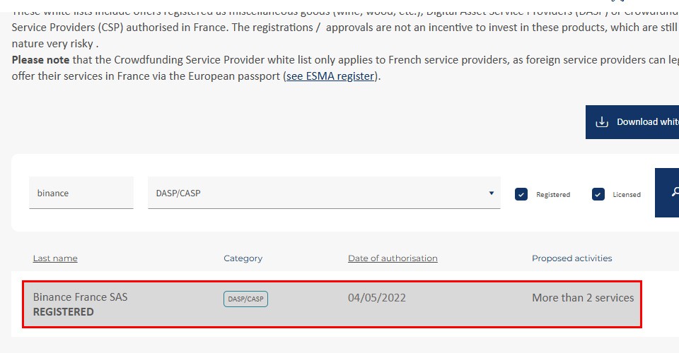 바이낸스 프랑스 SAS의 등록 현황 / 자료=프랑스 금융감독청