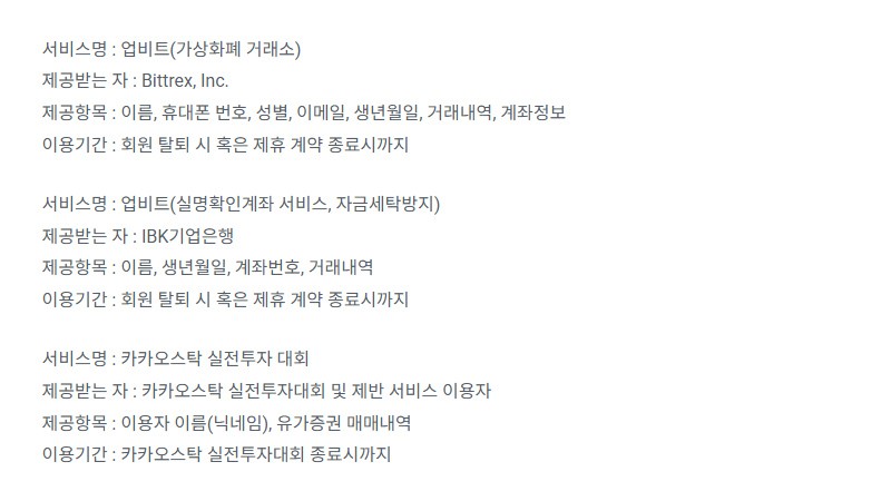 업비트가 비트렉스와 오더 북을 공유하며 제공했던 개인정보 항목 / 자료=업비트